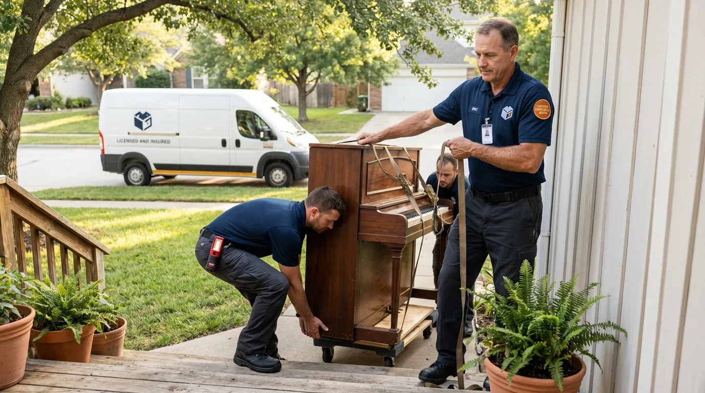 Licensed piano movers securing grand piano in Chattahoochee, FL
