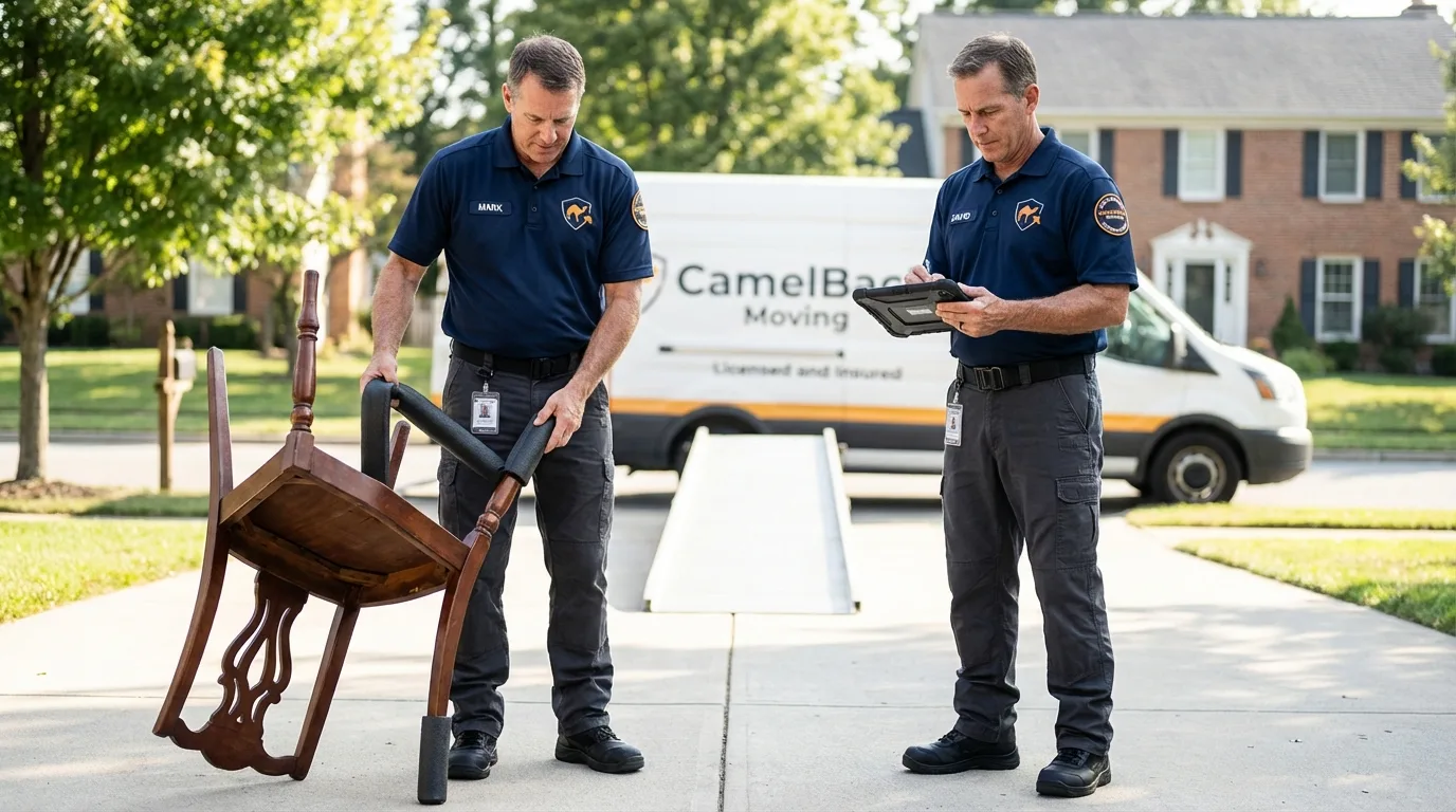 Movers inspecting furniture for damage prevention before loading in Chattahoochee, FL