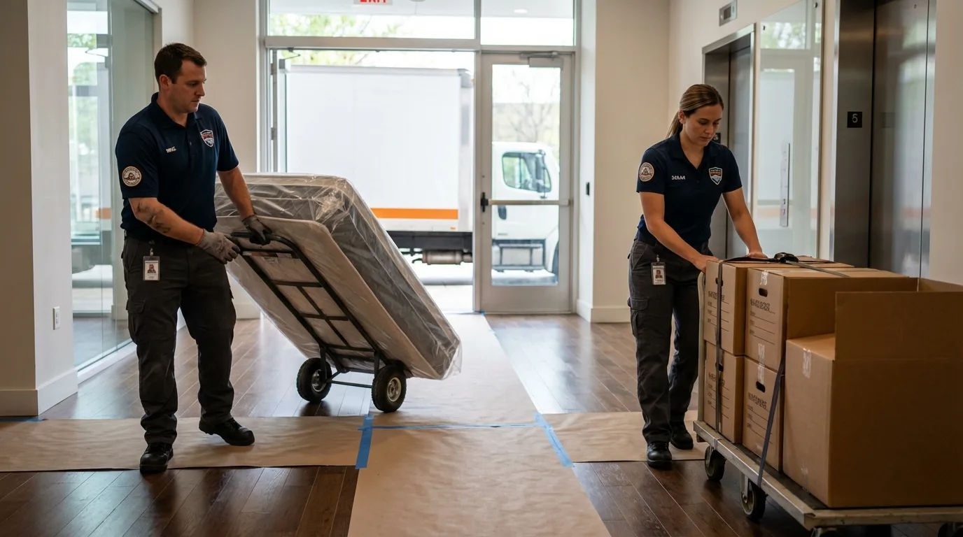 Professional apartment movers loading elevator in Chattahoochee, FL